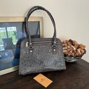 Patricia Nash Calvi Square Tooled Satchel Smoke